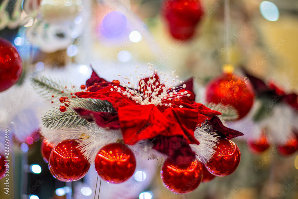 Abstract unfocused background with Christmas decorations.