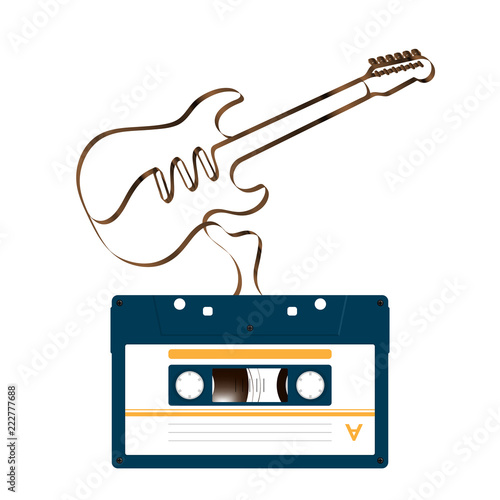 Compact audio cassette dark blue color and Electric guitar shape made from analog magnetic audio tape illustration on white background, with copy space