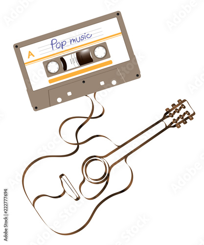 Compact audio cassette green color and Acoustic guitar shape made from analog magnetic audio tape illustration on white background, with copy space