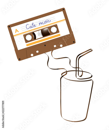 Compact audio cassette brown color and Iced coffee glass shape made from analog magnetic audio tape illustration, cafe music concept design on white background, with copy space