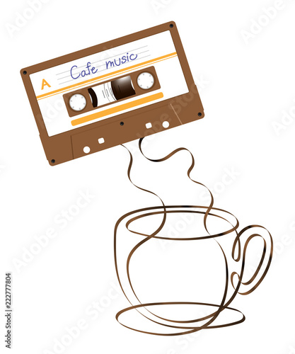 Compact audio cassette brown color and Coffee cup shape made from analog magnetic audio tape illustration, cafe music concept design on white background, with copy space
