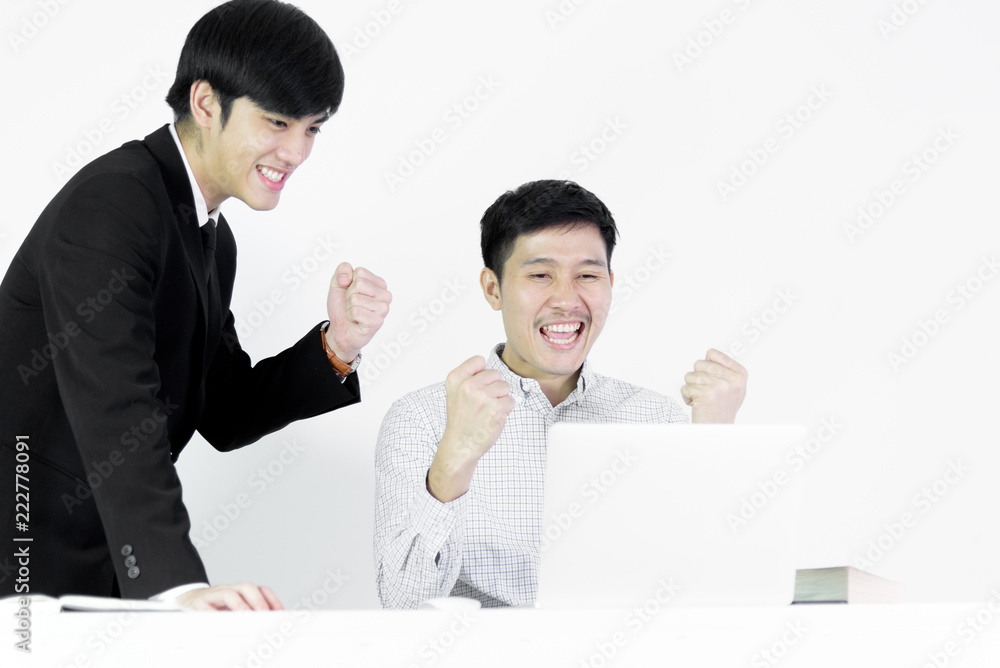 Asian manger businessman and employee salary man has working together with feeling happy and success, isolated on white background. Asian manger businessman and employee salary man has working together with feeling happy and success, isolated on white background.