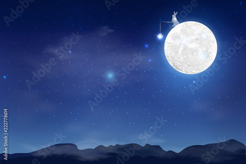 Blue dark Night sky background with full moon, clouds and stars.