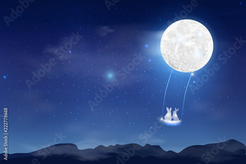 Happy Mid Autumn Festival design with full moon. Rabbits on night background with beautiful full moon.