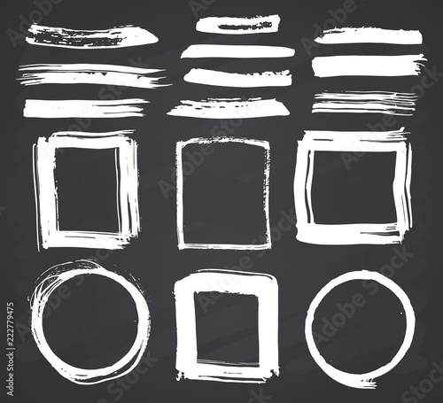 Frames and Brush strokes, grunge textured hand drawn elements set, vector illustration on chalkboard background