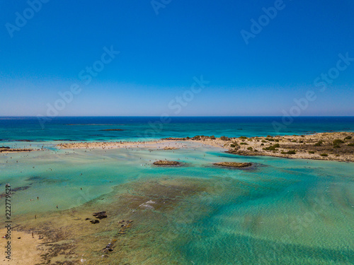 Aerial view to the beautiful beach and island of Elafonisi lagoon. Amazing wallpaper  photo from drone. Crete  Greece.