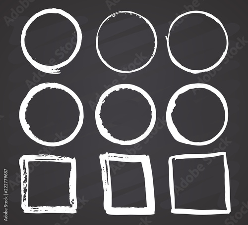 Round Frames and text boxes, grunge textured hand drawn elements set, vector illustration on chalkboard background