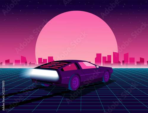 Retro future. 80s style sci-fi background with supercar. Futuristic retro car. Vector retro futuristic synth illustration in 1980s posters style. Suitable for any print design in 80s style