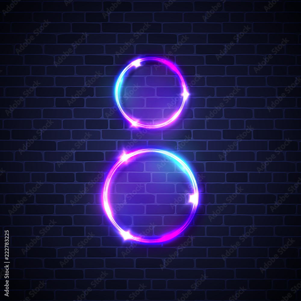 Neon frame. Glowing light circles for International women's day greeting  card design on brick wall texture. Eight 8 March round sign. Electric power led  banner. Night girl vector illustration. Stock Vector