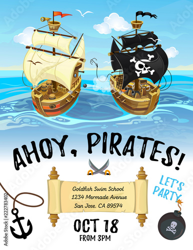 Pirate party cartoon invitation design with pirate ship and sea. Vector design template for poster or invitation.