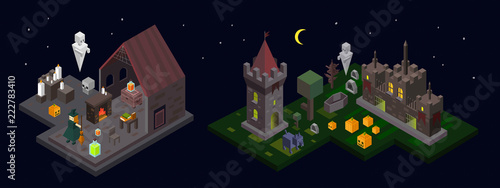 Set of Halloween isometric elements. Castle, tower, witch, ghost, cemetery, wood, poison and fireplace. Vector illustration