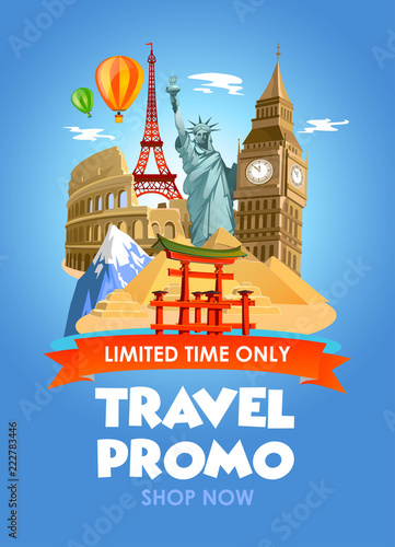 Travel agency promo banner with discounts for tours. Vector illustration.