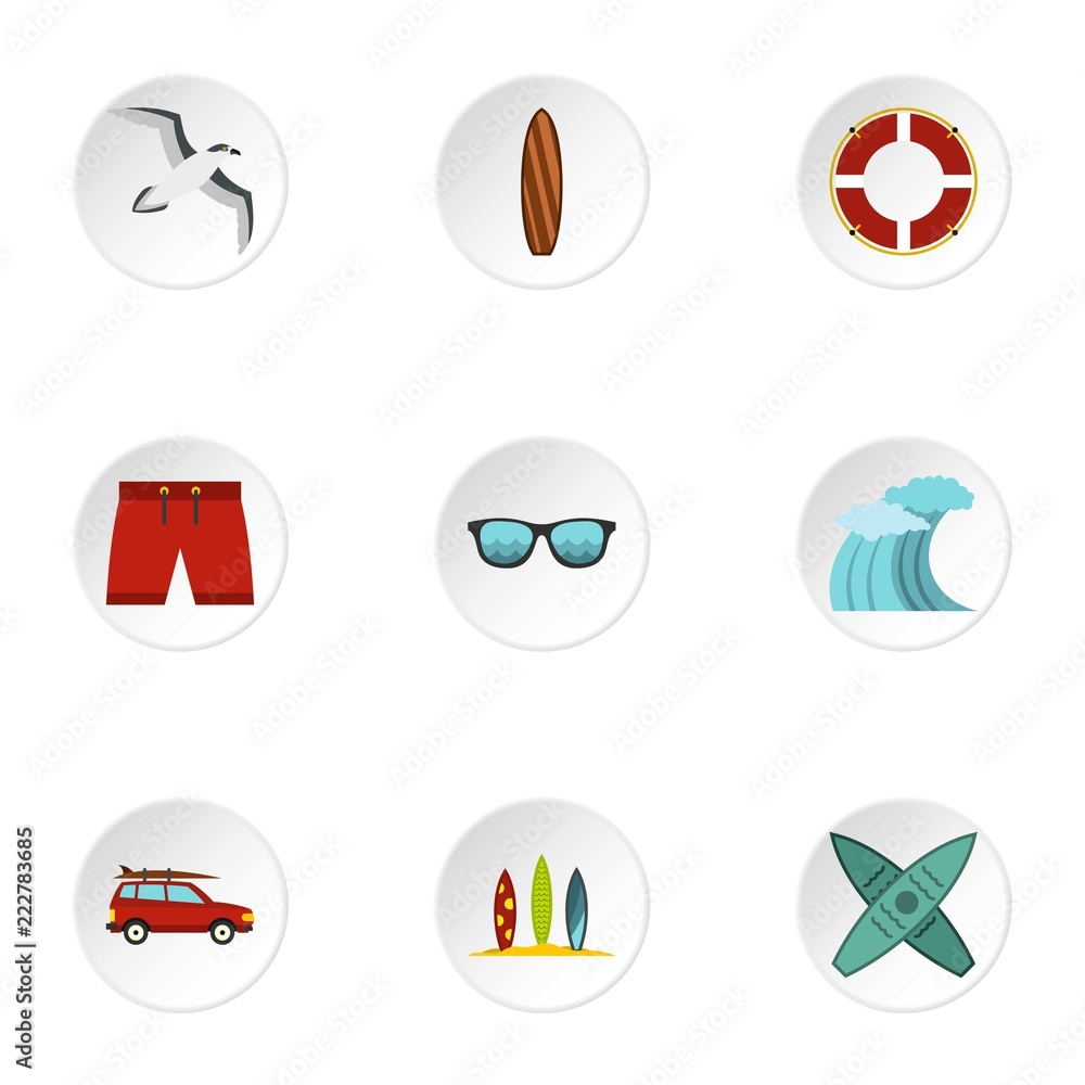 Surfing in sea icons set. Flat illustration of 9 surfing in sea vector icons for web Surfing in sea icons set. Flat illustration of 9 surfing in sea vector icons for web