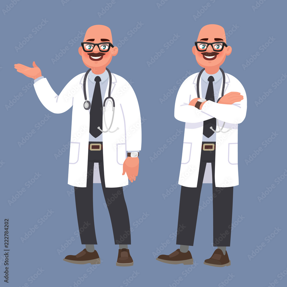 Happy male doctor. Character of the medical worker. Vector illustration