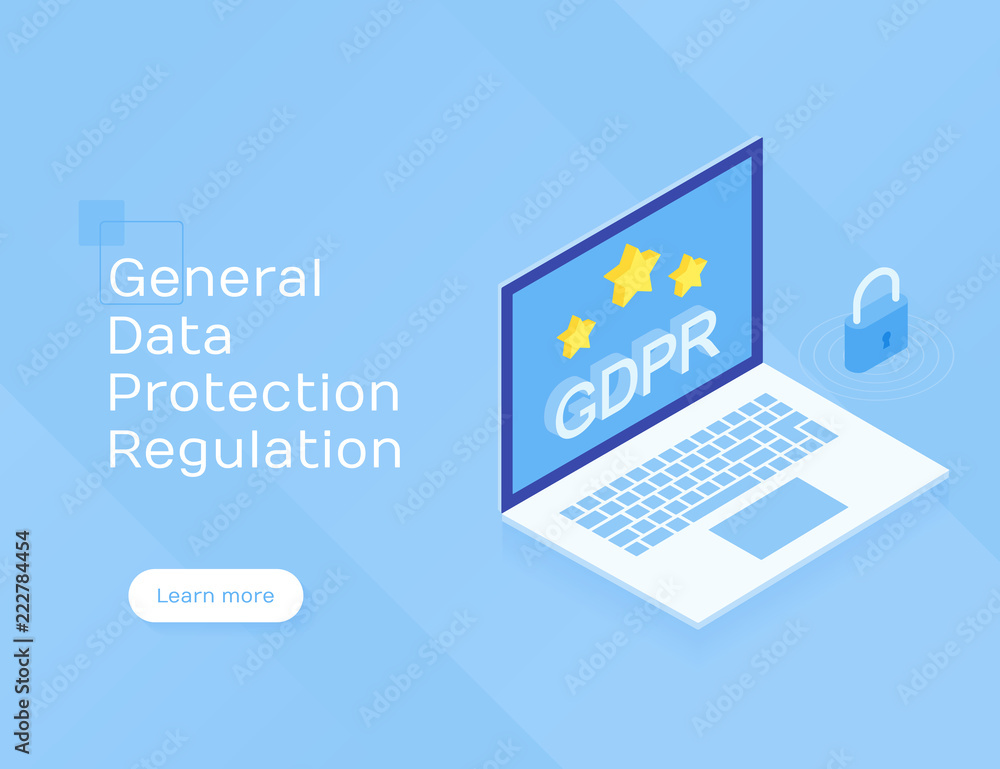 GDPR concept. Modern Flat isometric vector illustration isolated on blue background