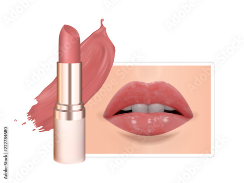 Lipstick tube in champagne color, beige color lipstick, lipstick smear and lips. Vector realistic illustration isolated on white background. Good for advertising banners, promoting of makeup.