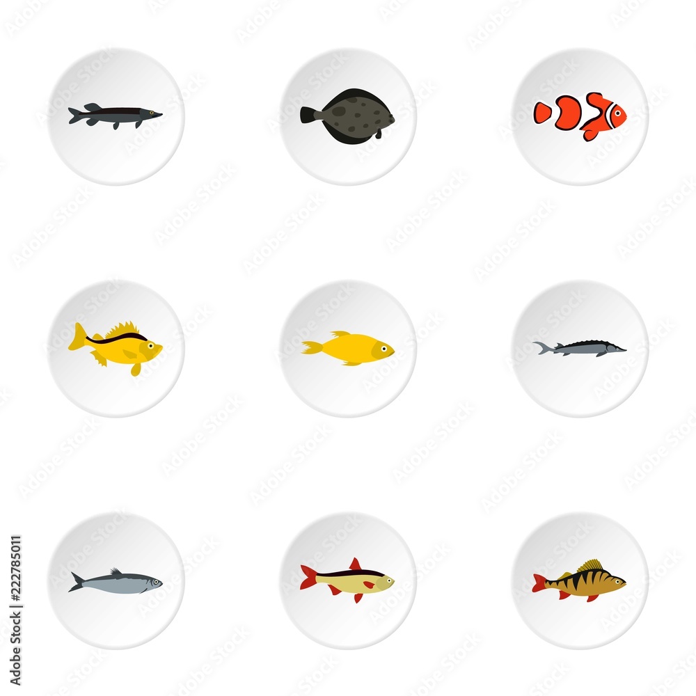 Fish icons set. Flat illustration of 9 fish vector icons for web