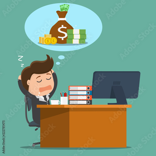 Businessman sleeping at a desk and dreaming about money.Vector illustration.