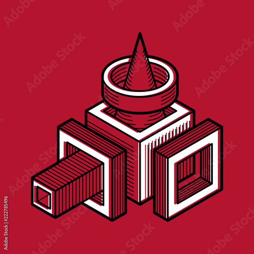 Abstract trigonometric construction, vector dimensional design template.