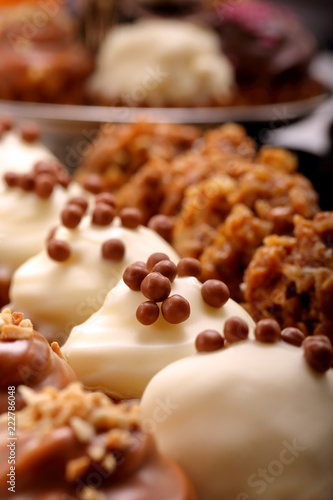 Catering sweets, closeup of various kinds of cakes on event or wedding reception