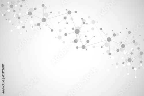 Molecular structure background and communication. Abstract background with molecule DNA and neural network. Medical, science and digital technology concept with connected lines and dots.