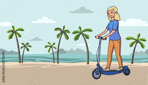 Young blonde girl riding electric scooterboard on tropical beach background. Colorful flat line vector illustration. Isolated on white background. Horizontal.
