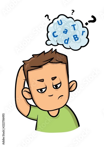 Confused guy with a cloud of scattered letters above his head. Dyslexia and adhd. Flat vector illustration. Isolated on white background.