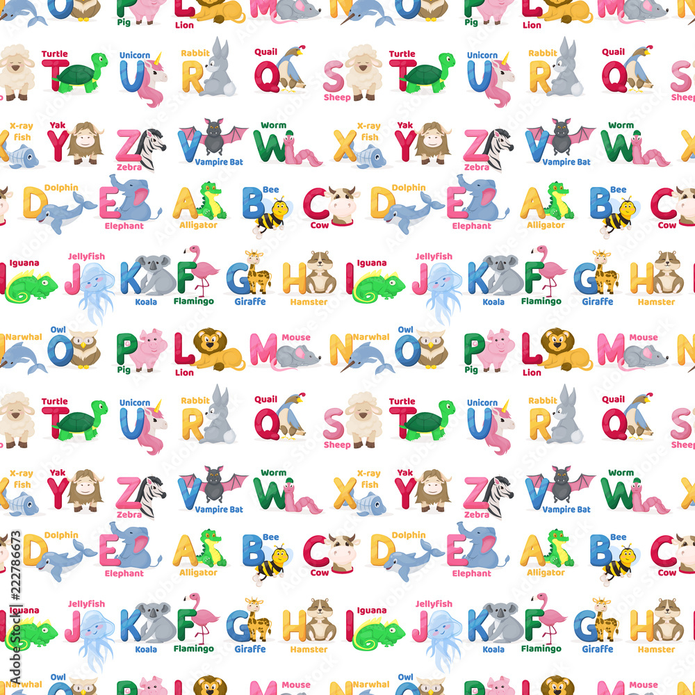 Zoo animals alphabet seamless pattern abc vector background cute cartoon wild characters illustration. Zoo animals alphabet seamless pattern abc vector background cute cartoon wild characters illustration.