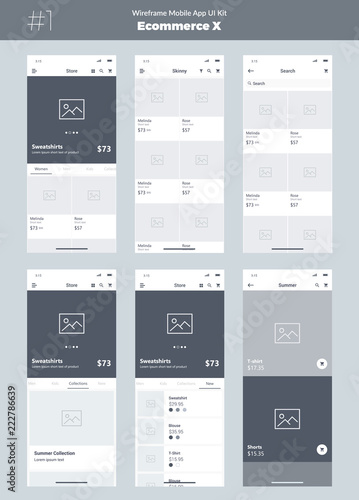 Wireframe kit for mobile phone. Mobile App UI, UX design. New ecommerce screens: store, all products, categories, search, collections, advertising frame.
