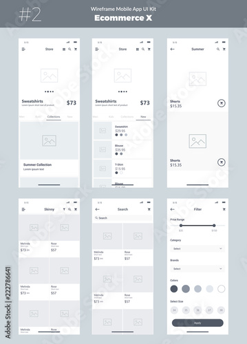 Wireframe kit for mobile phone. Mobile App UI, UX design. New ecommerce screens: store, category, filter, all products, search, collections, new, feed.