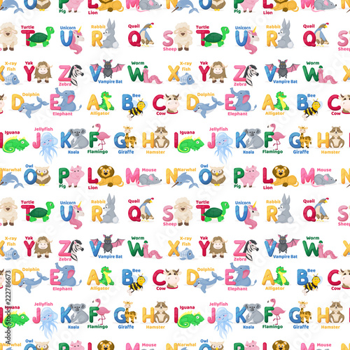 Zoo animals alphabet seamless pattern abc vector background cute cartoon wild characters illustration.
