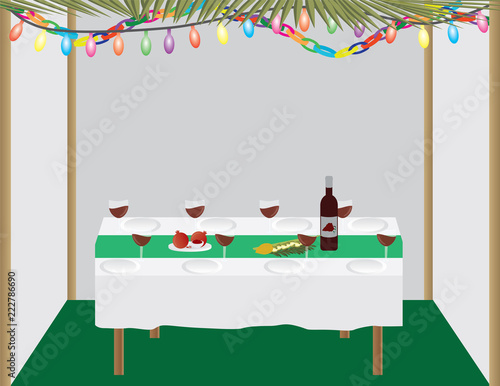 Jewish holiday traditional Sukkah and dinner table