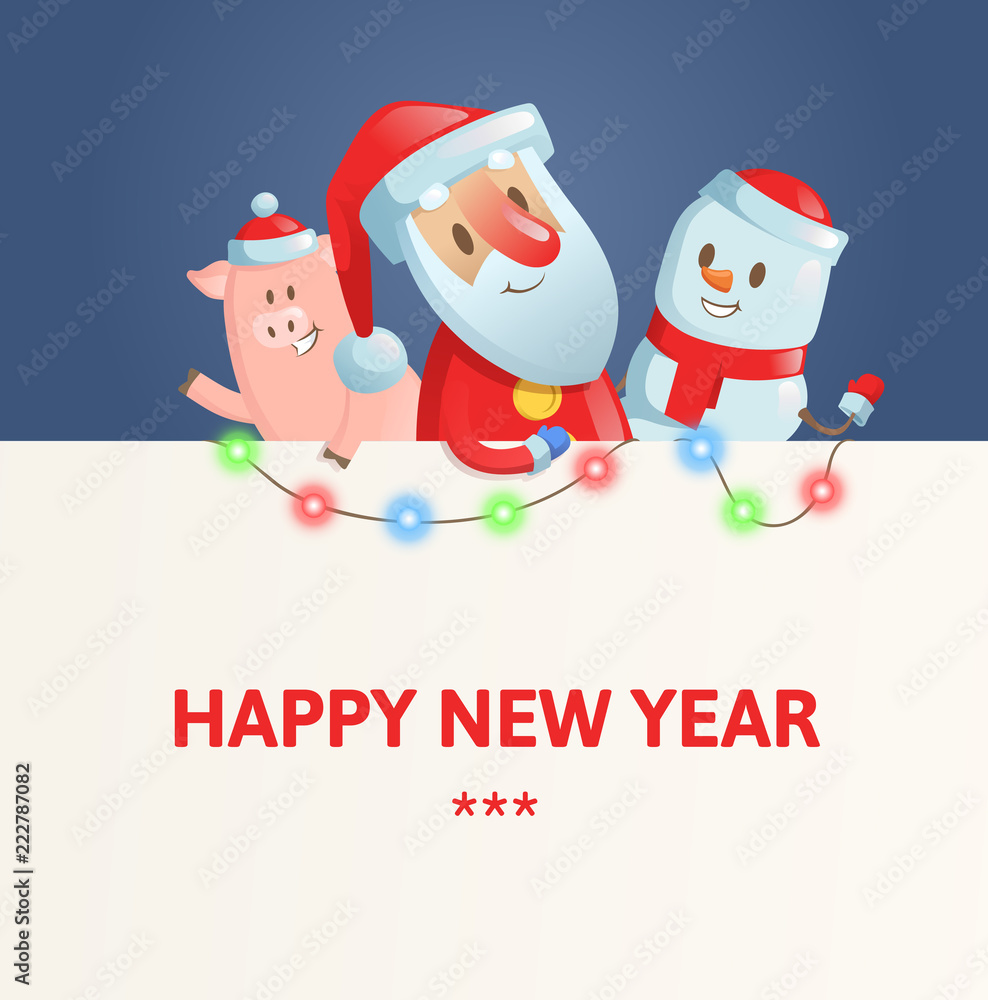 Happy Ney Year with Santa, Snowman and piggy. Colorful flat vector illustration. Happy Ney Year with Santa, Snowman and piggy. Colorful flat vector illustration.
