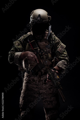 Special forces United States soldier or private military contractor. Image on a black background.