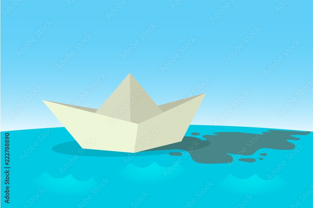 Paper boat sailing on blue water surface. Flat vector illustration. Horizontal.