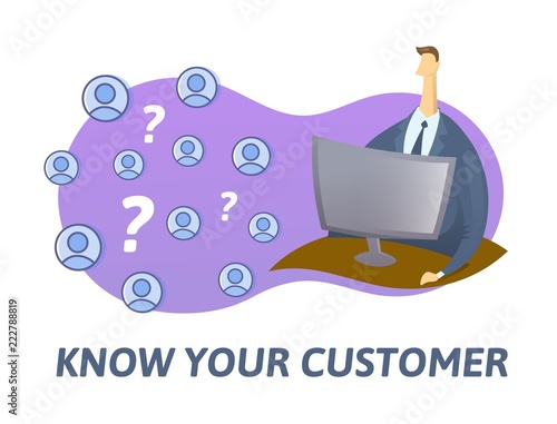 KYC, know your customer concept. Businessman looking at the partners-to-be in internet. Colored flat vector illustration on white background.