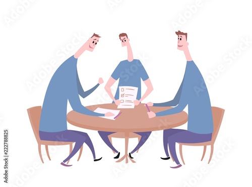 Tree young men having a conversation at the table. Business meeting, negotiation, quiz team. Flat vector illustration. Isolated on white background.