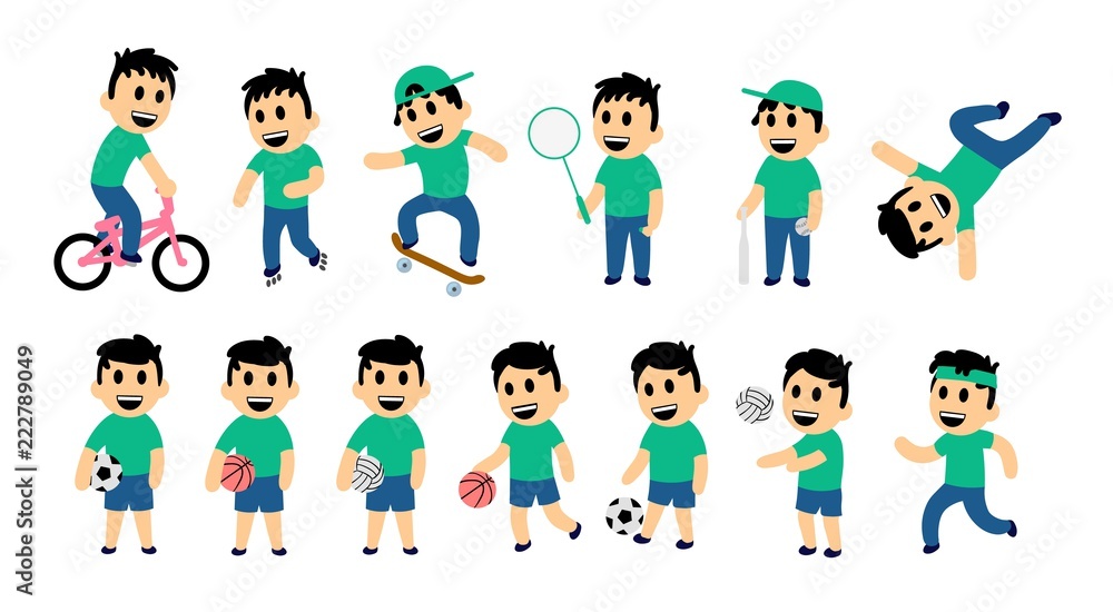 Set of kid street and sport activity. Funny boy in different action poses. Colorful flat vector illustration. Isolated on white background.