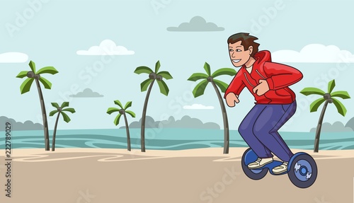 Young guy in red hoody riding hoverboard on tropical beach background. Colorful flat line vector illustration. Horizontal.