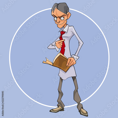 cartoon man with a book in his hand looks suspiciously aside