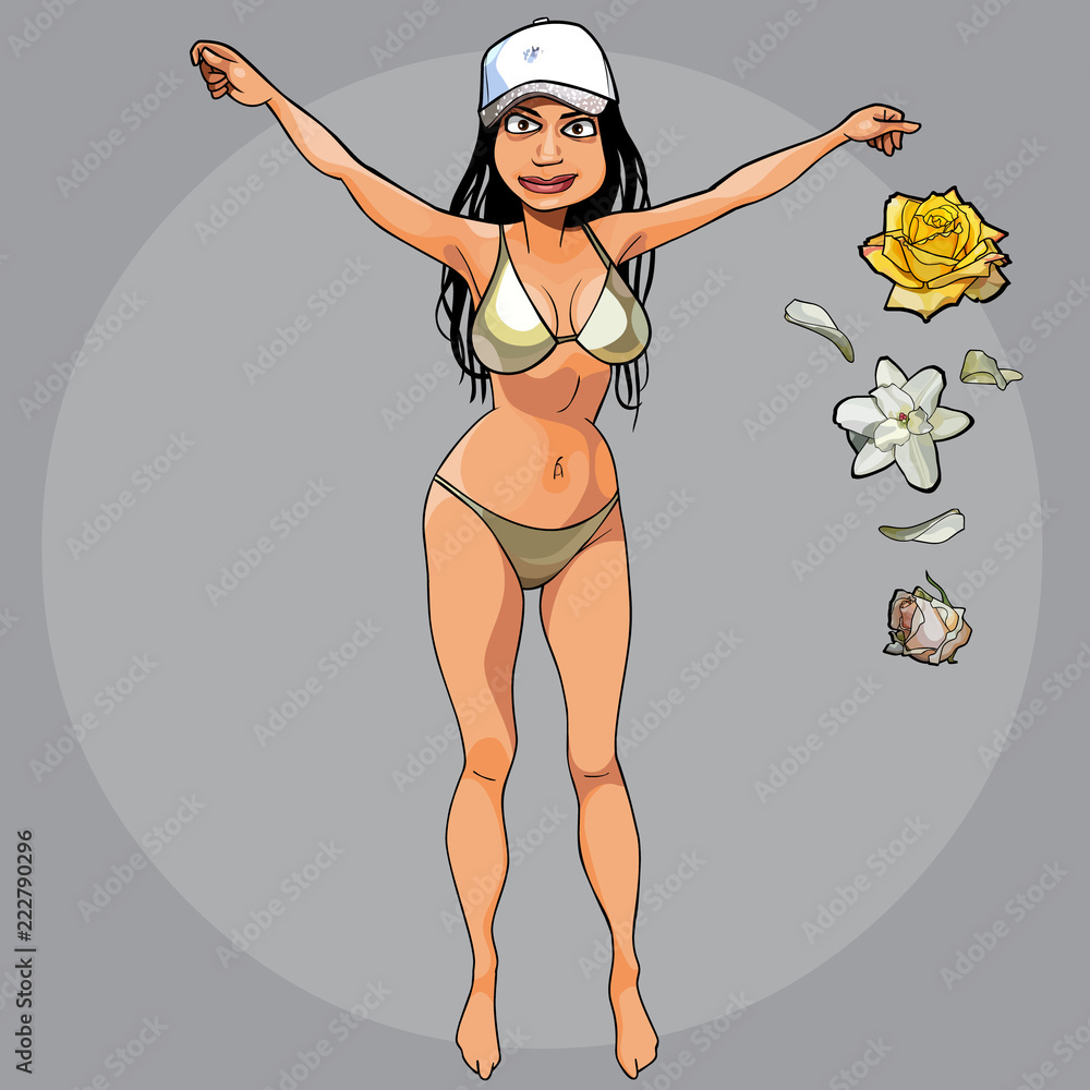 Φωτογραφία cartoon funny woman in a bathing suit is standing with her arms raised