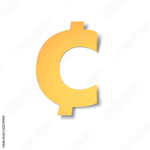 yellow-gold cent mark carved from paper with soft shadow.Vector