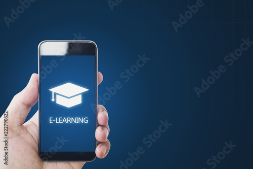 Online education, e-learning and e-book concept. Hand using mobile smart phone for online education