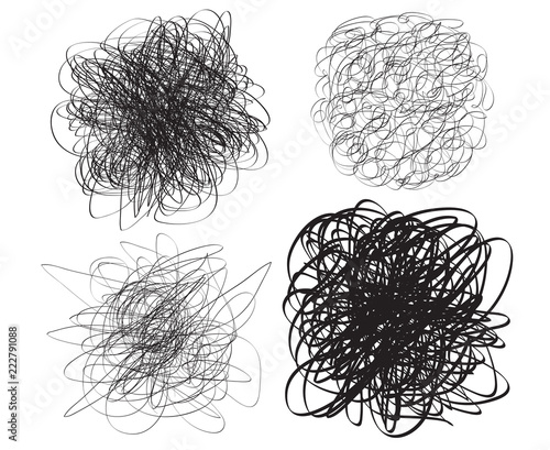 Set of chaos patterns. Scribble sketch. Background with array of lines. Tangle on white. Intricate chaotic texture. Art creation. Black and white illustration. Print for polygraphy, posters and shirts