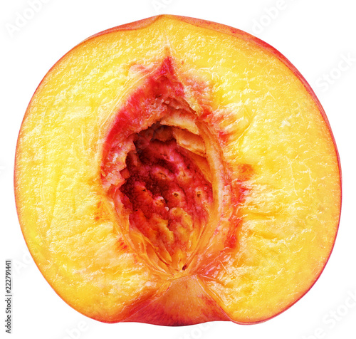 Front view of ripe half peach fruit without nut isolated on white background with clipping path