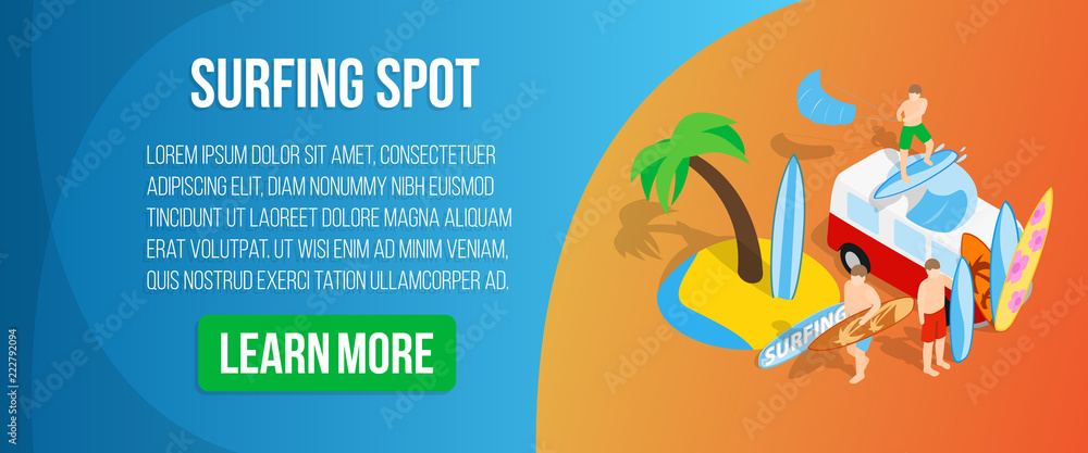 Surfing spot concept banner. Isometric banner of surfing spot vector concept for web, giftcard and postcard