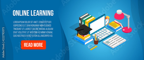Online learning concept banner. Isometric banner of online learning vector concept for web, giftcard and postcard