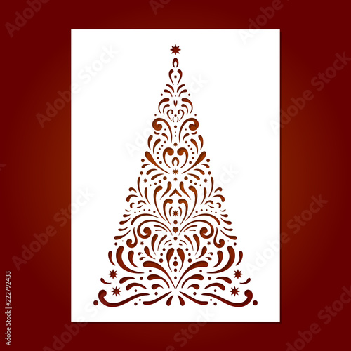 Laser cut template for Christmas cards with christmas tree, invitations for Christmas party. Image suitable for laser cutting, plotter cutting or printing.