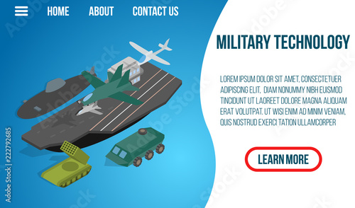 Military technology concept banner. Isometric banner of military technology vector concept for web, giftcard and postcard