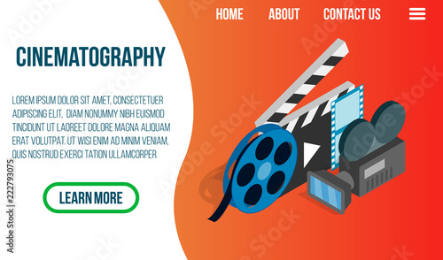 Cinematography concept banner. Isometric banner of cinematography vector concept for web, giftcard and postcard